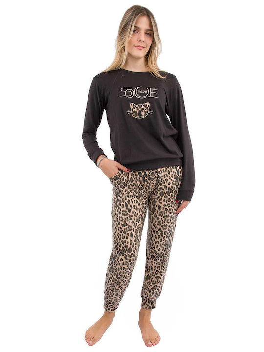 Pijamangel Winter Damen Pyjama-Set Black, Brown, Multicolored