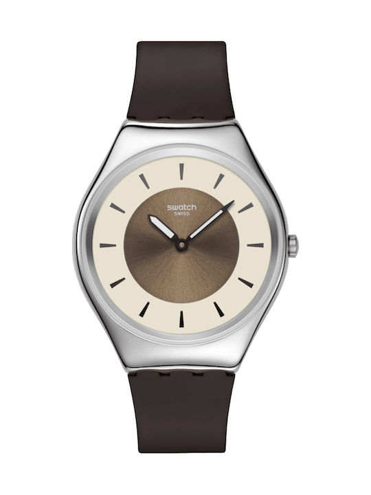 Swatch Swatch Γυναικείο Ρολόι Μπαταρίας με Καφέ Καουτσούκ Λουράκι