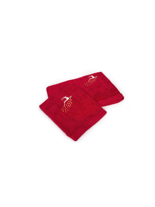 Dimcol Weihnachts-Handtuchset 2 Stück 30x50 50x90 Rentier Rot 100% Baumwolle
