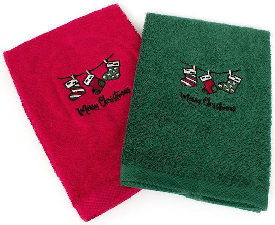 Dimcol Χριστουγεννιάτικο Σετ Πετσέτες 2 Τεμ 40x60 Christmas Socks Κόκκινο-πράσινο 100% Cotton