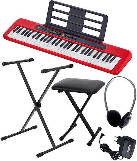 Casio Keyboard CT-S200 with 61 Keys Standard Touch with Stand, Headphones, Stool and Music Stand Red Deluxe Set