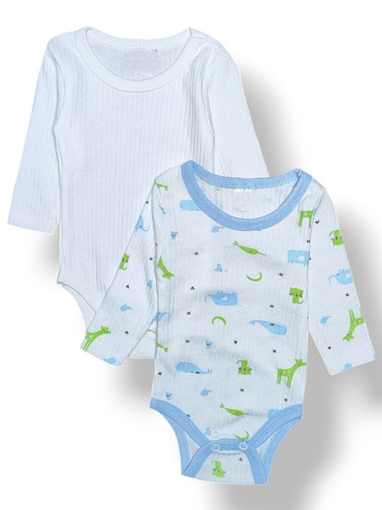 Babydom Set Babystrampler Langärmliges Ecru, Light Blue 2Stück