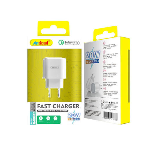 Andowl Φορτιστής Χωρίς Καλώδιο με Θύρα USB-C 20W Power Delivery / Quick Charge 3.0 / Quick Charge 4.0 Λευκός (Q-CD012)