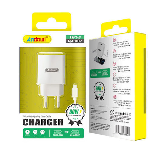 Andowl Charger with USB-C Port and Cable USB-C - USB-C 30W Whites (Q-PD07)