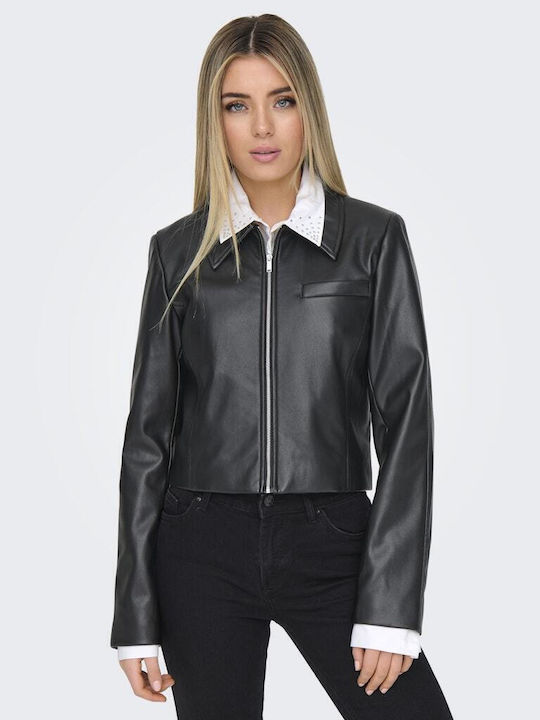 Only Women's Biker Artificial Leather Jacket for Winter BLACK