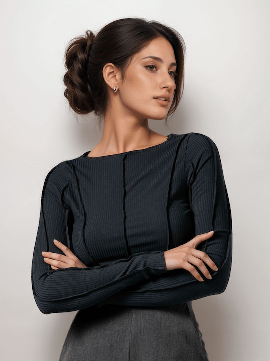Noobass Γυναικείο Crop Top Μακρυμάνικο Ανθρακί