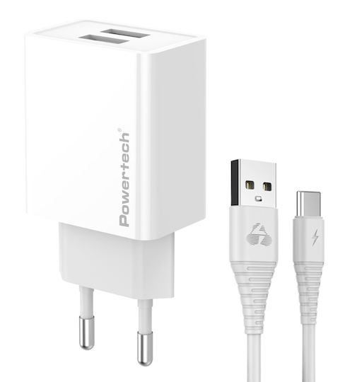 Powertech Ladegerät mit 2 USB-A Anschlüsse und Kabel USB-C 12W Weißs (PT-1324)