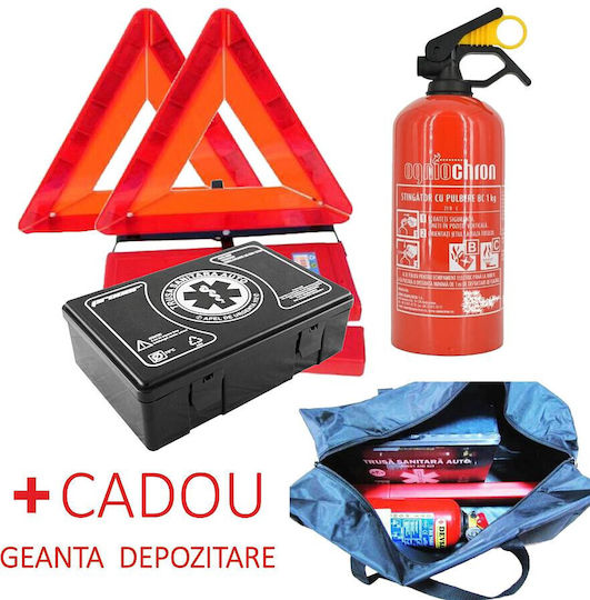 Pachet Siguranță Rutieră Kit Prim Ajutor 2x Triunghiuri Extinctor Metalic P1