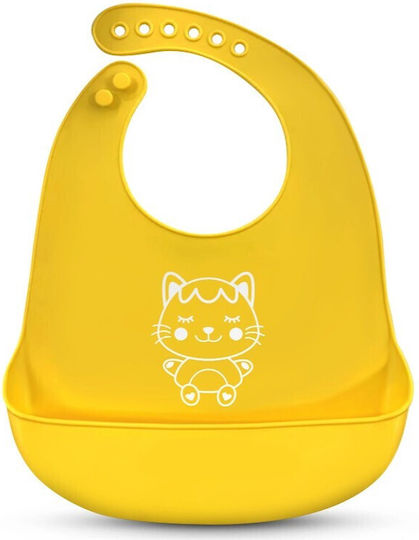 Bavetă pentru bebeluși Yellowkitty Idealstore din silicon moale, impermeabilă, cu buzunar pentru prinderea resturilor de mâncare, reglabilă la 6 niveluri, galbenă