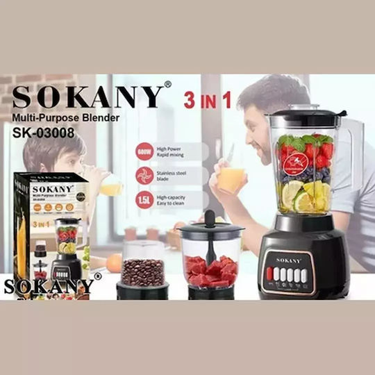 Sokany Blender with Plastic Jug 1.5 lt 600W Black SK-03008