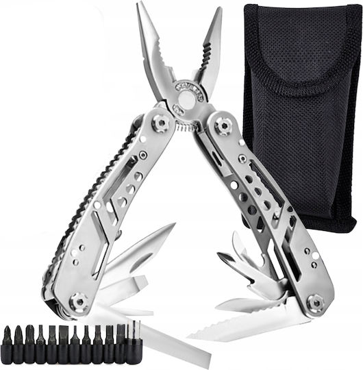 Idealstore Clește Multifuncțional 13în1 + 11 Biți Fabricat din Oțel Inoxidabil de Înaltă Calitate pentru Drumeții Camping Pescuit Grădinărit Cutie de Depozitare Greutate 260 G