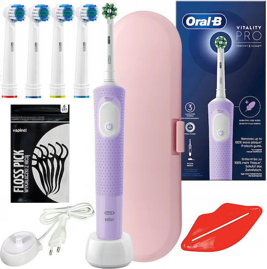 Oral-b Vitality Pro D103 Electric Toothbrush Lilac Violet + 4 Replacement Heads + Pink Case