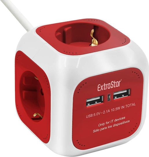 PowerCube 4 Θέσεων με 2 USB-A και Καλώδιο 1.5m Κόκκινο