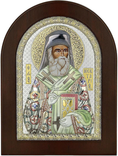 Prince Silvero Εικόνα Άγιος Νεκτάριος Χρωματισμένη Καφέ Ξύλο Ασημένια 4x6εκ