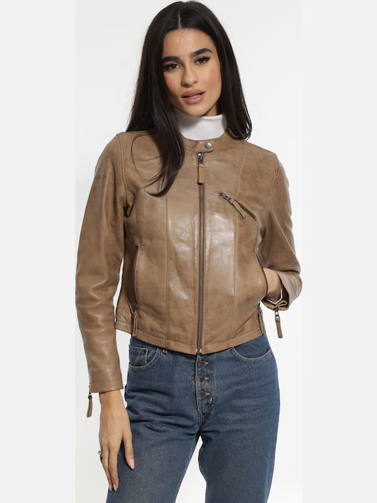Crop Δερμάτινο Γυναικείο Μπουφάν για Χειμώνα Penaut Beige