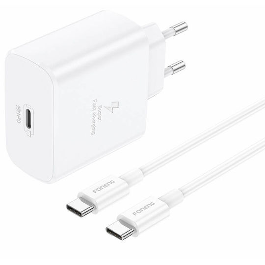 Foneng Φορτιστής GaN με Θύρα USB-C και Καλώδιο USB-C - USB-C 45W Power Delivery Λευκός (EU62)