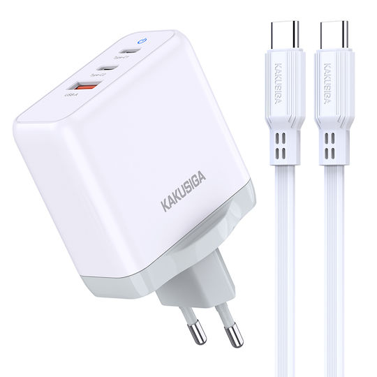 Kakusiga Φορτιστής με Θύρα USB-A και 2 Θύρες USB-C και Καλώδιο USB-C - USB-C 65W Λευκός (KSC-933)