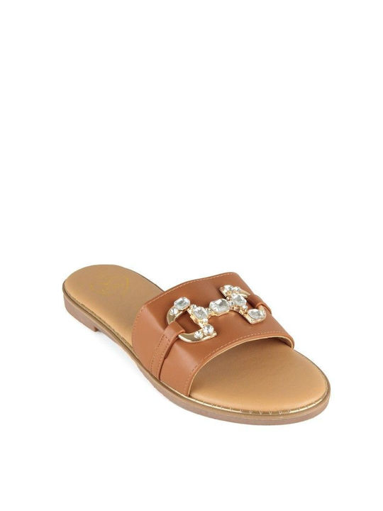 Camel Flat Sandal with Gold Decoration