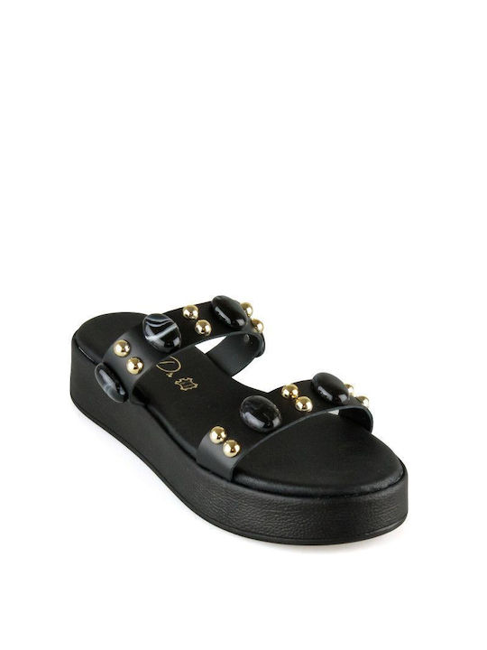 Black Leather Flatform Sandal with Decorative Elements