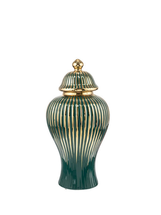 Vază ceramică cu capac, dungi verzi și aurii, 15.5x29.5cm