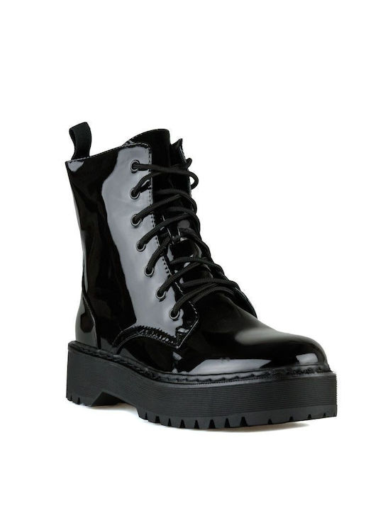 Black Patent Leather Lace-Up Ankle Boots