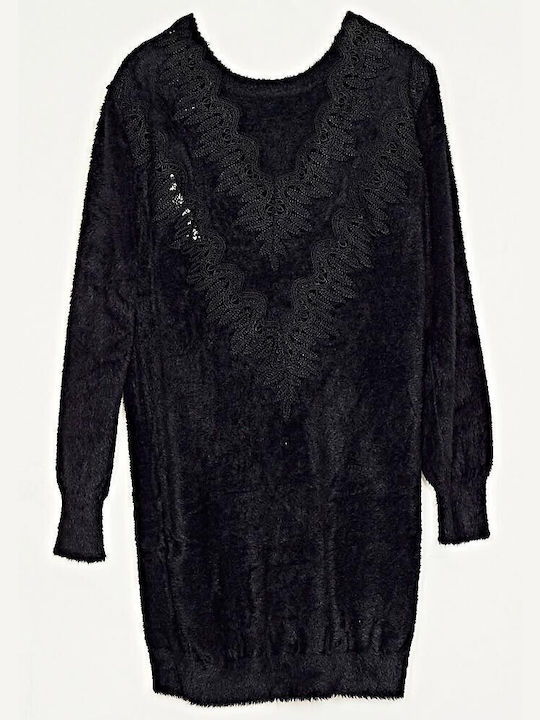 Fluffy Lace Blouse Dress Black