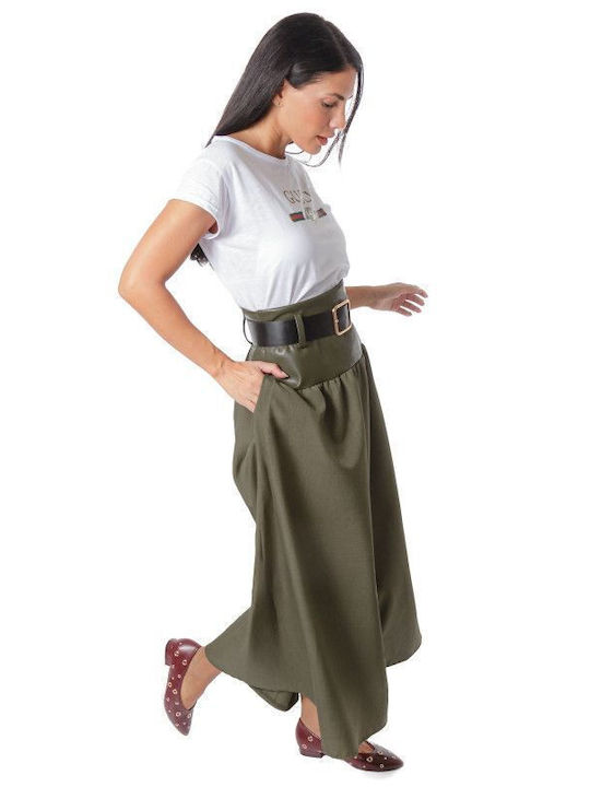 Khaki High-Waisted Maxi Skirt with Belt