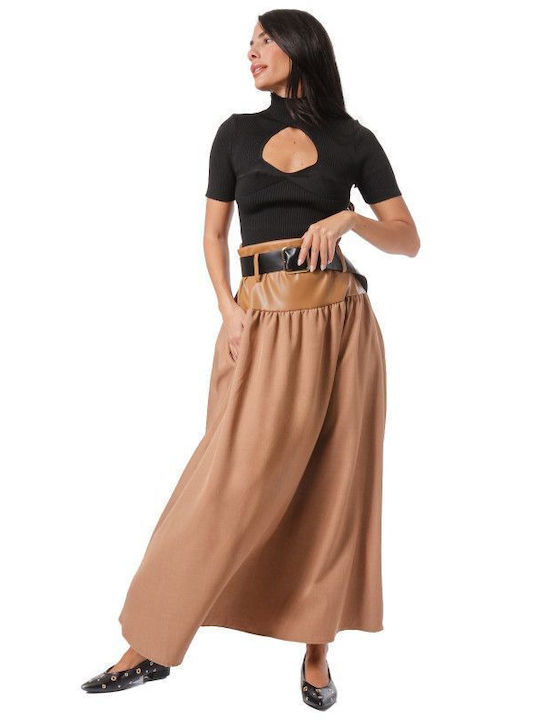 Beige High-Waisted Maxi Skirt with Belt