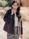 Women's Short Jean Jacket for Spring or Autumn with Hood Brown