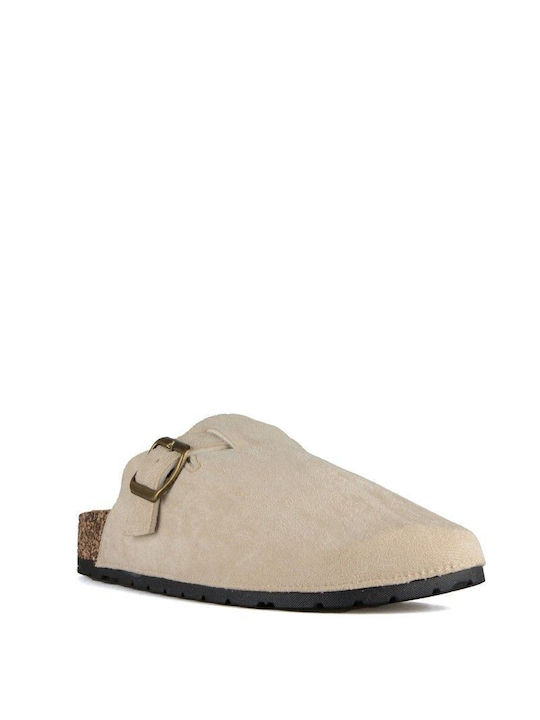 Beige Suede Buckle Mules