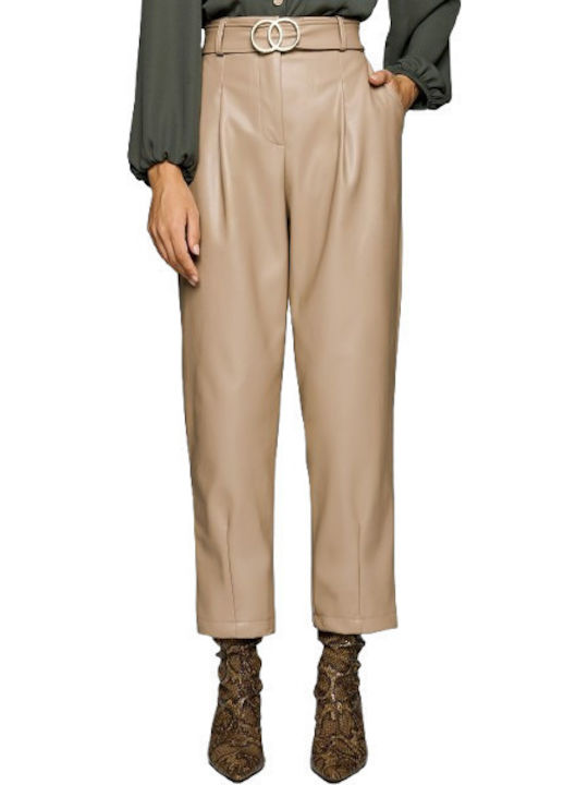Women's High-waisted Fabric Trousers with Elastic Beige