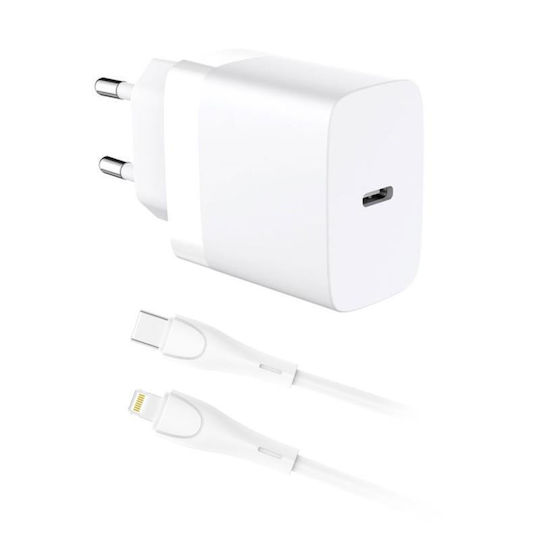 iNOS Handyladegerät mit USB-C Ausgangsanschluss und Kabel USB-C - Lightning 20W Stromlieferung / Schnellaufladung 3.0 Weiß