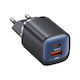 Usams Charger Without Cable GaN with USB-A Port and USB-C Port 30W Power Delivery / Quick Charge 3.0 Blacks (CC254)