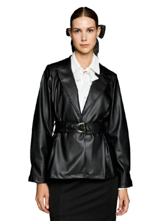 Dejavu Women's Leather Blazer Black