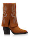 Camel Wildleder Cowboy-Stiefeletten mit umklappbarem Riemen und Strass-Design