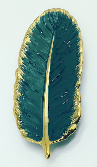 Platou Decorativ din Ceramică Verde cu Pene 36x13cm