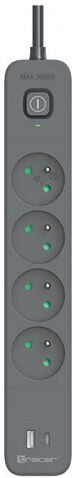 Tracer Power Strip 4 Positions with 1 USB-A, 1 USB-C and Cable 1.5m Gray