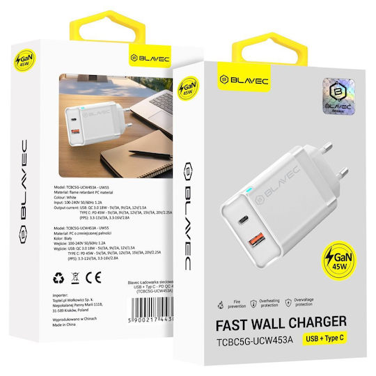 Blavec Ladegerät ohne Kabel GaN mit USB-A Anschluss und USB-C Anschluss 45W Stromlieferung Weißs (TCBC5G-UCW453A)