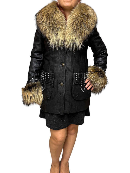 Leather Women's Black Coat with Fur Details