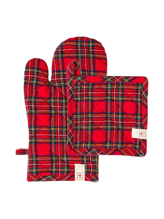 Amo La Casa Set Cotton Oven Mitt and Pot Holder Checkered Tartan Red