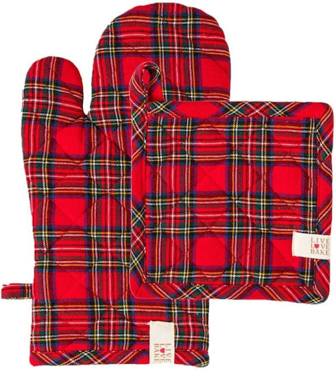 Amo La Casa Σετ Γάντι Πιάστρα Βαμβακερά Καρώ Tartan Κόκκινο