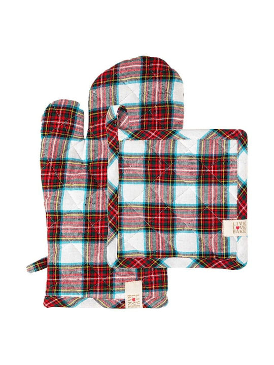 Amo La Casa Σετ Γάντι Πιάστρα Βαμβακερά Καρώ Tartan Λευκό Κόκκινο