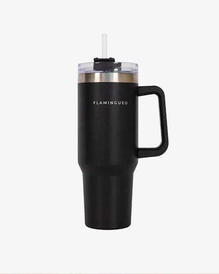 Flamingueo Handled Tumbler Θερμός Ανοξείδωτο 1.18lt Μαύρο με Καλαμάκι και Λαβή