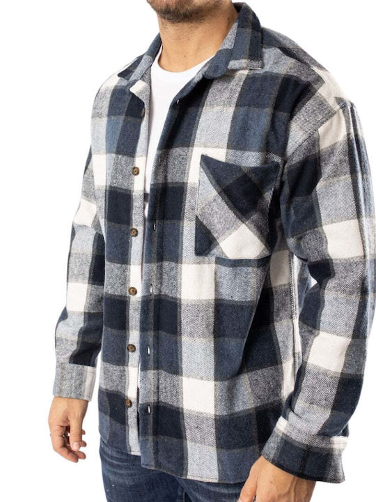 Long Sleeve Flannel Overshirt in Regular Fit Checked Blue