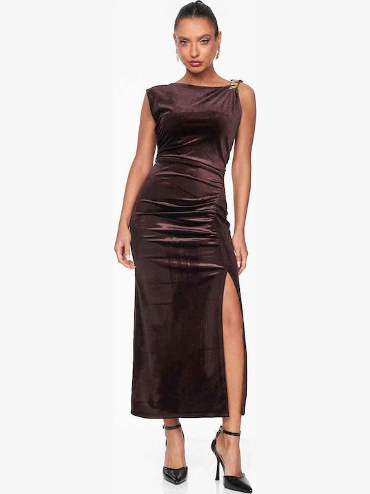 Midi Evening Dress Velvet with Slit Black, Burgundy, Brown