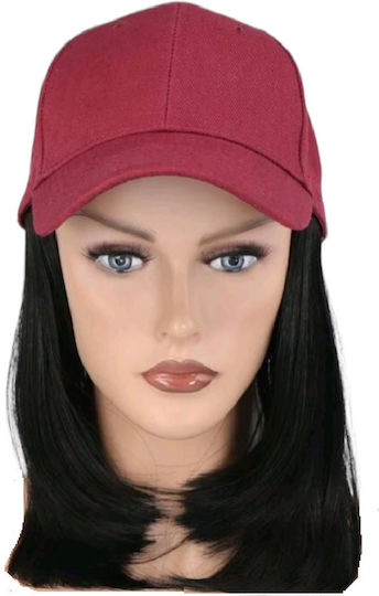 Women's Burgundy Hat with Integrated Black Hair Extensions