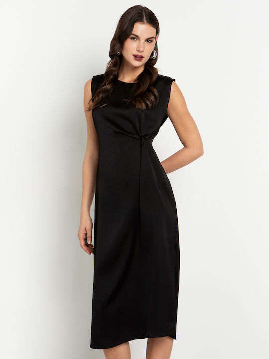 Summer Midi Evening Satin Drape Dress with Tearing Black