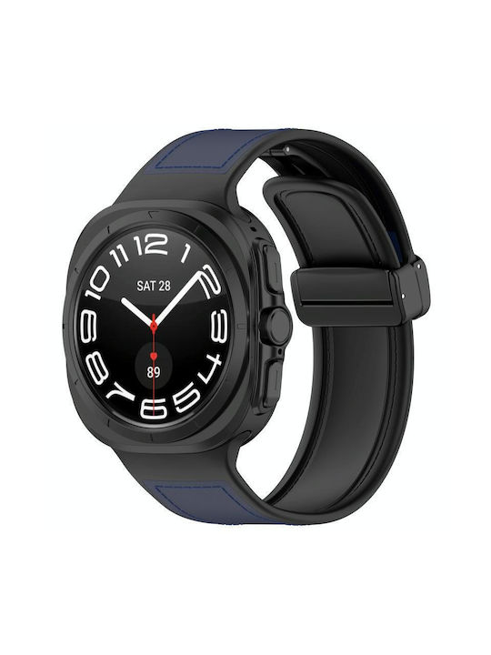 Samsung Galaxy Watch 7 Ultra 47mm Μαγνητική Πτυσσόμενη Πόρπη Δερμάτινη Ζώνη Ρολογιού Σιλικόνης Σκούρο Μπλε