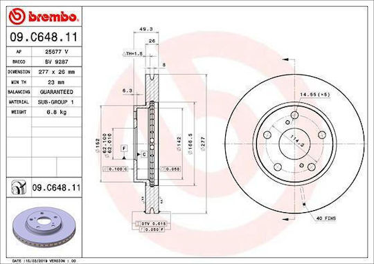 Brembo Front Left and Right Brake Discs for Toyota Auris and Corolla 277mm 5 Holes Ventilated Internal 26mm Thickness 23mm Minimum