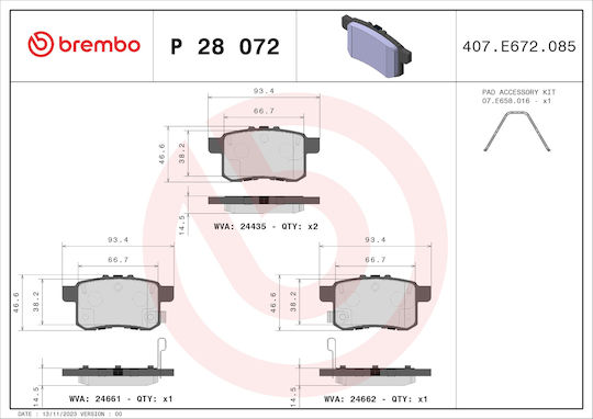 Brembo Заден Комплект Спирачни Накладки Honda Accord Viii Ix 2.0-3.5 06.08 Височина 47.0мм Ширина 94.0мм Дебелина 15.0мм Сензори За Износване